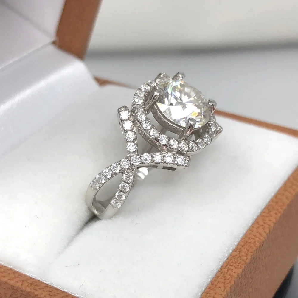 Moissanite Fire Ring Crossover Design Solitaire 2.50ctw Platineve 925 Size 6